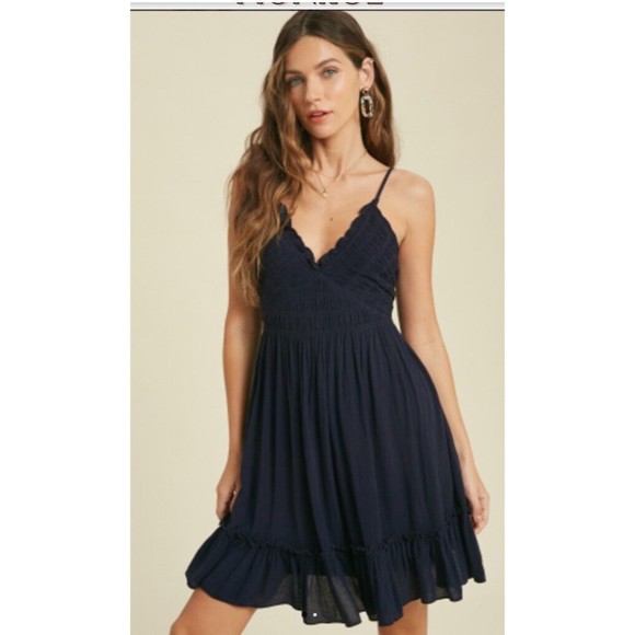 Short Halter Dress with Smocked Middle and Tie Back by‎ Wishlist - Navy Small - Picture 1 of 15
